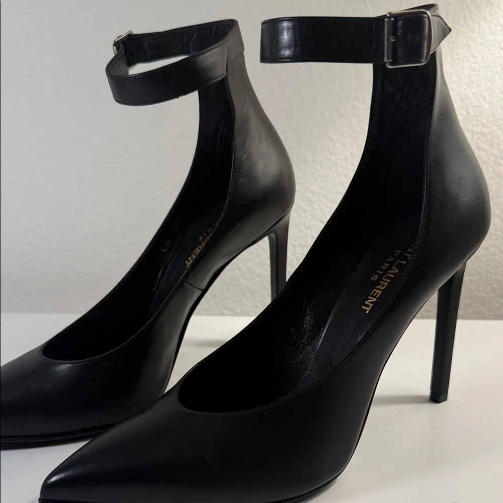 Saint Laurent Black Leather Pointed-Toe Ankle-Strap Pumps - Picture 2 of 8